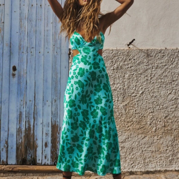 Zara Dresses Zara Floral Mint Green Midi Strap Satin Effect Cut Out